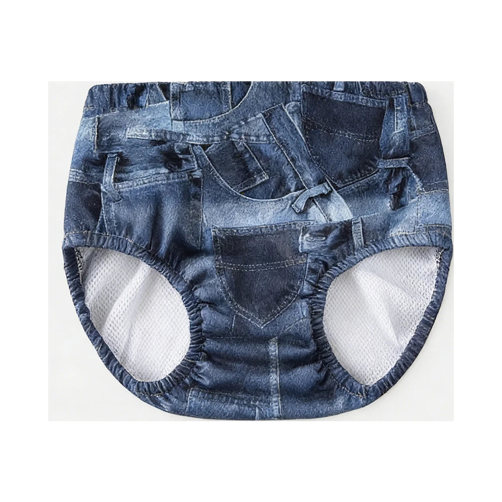 Reusable baby training diaper in a blue denim jeans print style with soft mesh lining for toddler potty training.