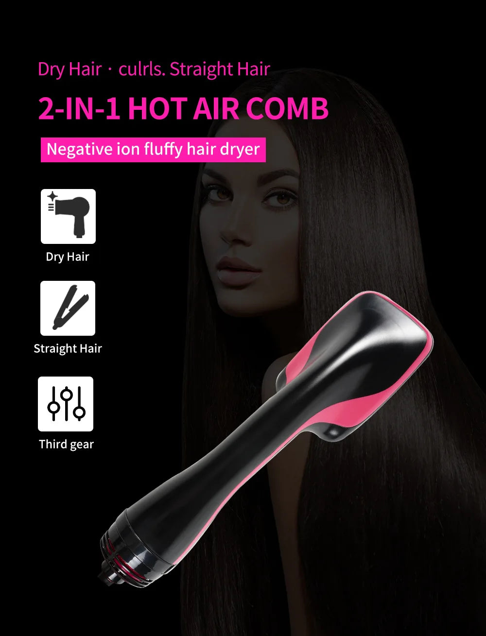Black and pink 2-in-1 negative ion hot air brush for drying, straightening, and styling hair with 3 heat settings.
