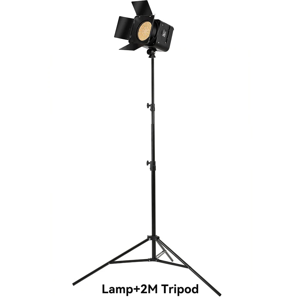 Black LED studio light with barn doors on a 2-meter adjustable tripod stand for photography and video lighting.