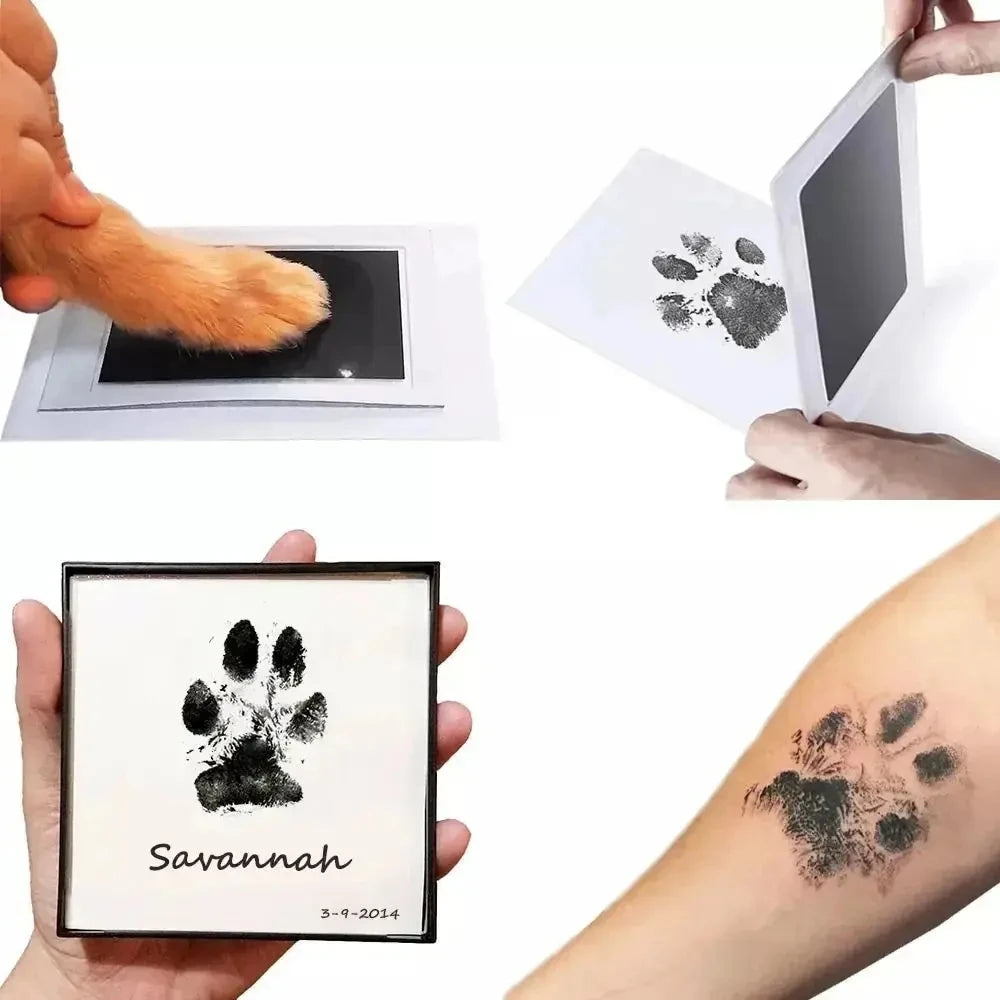 Inkless pet paw print kit creating a black ink impression for dog or cat keepsakes, DIY mess-free memory set.