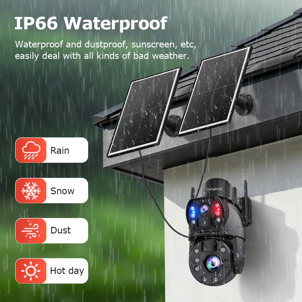SHIWOJIA 4G Solar Security Camera Outdoor 60X Zoom Dual Screen 10MP WiFi PIR Detection AI Auto Tracking Camera UBOX