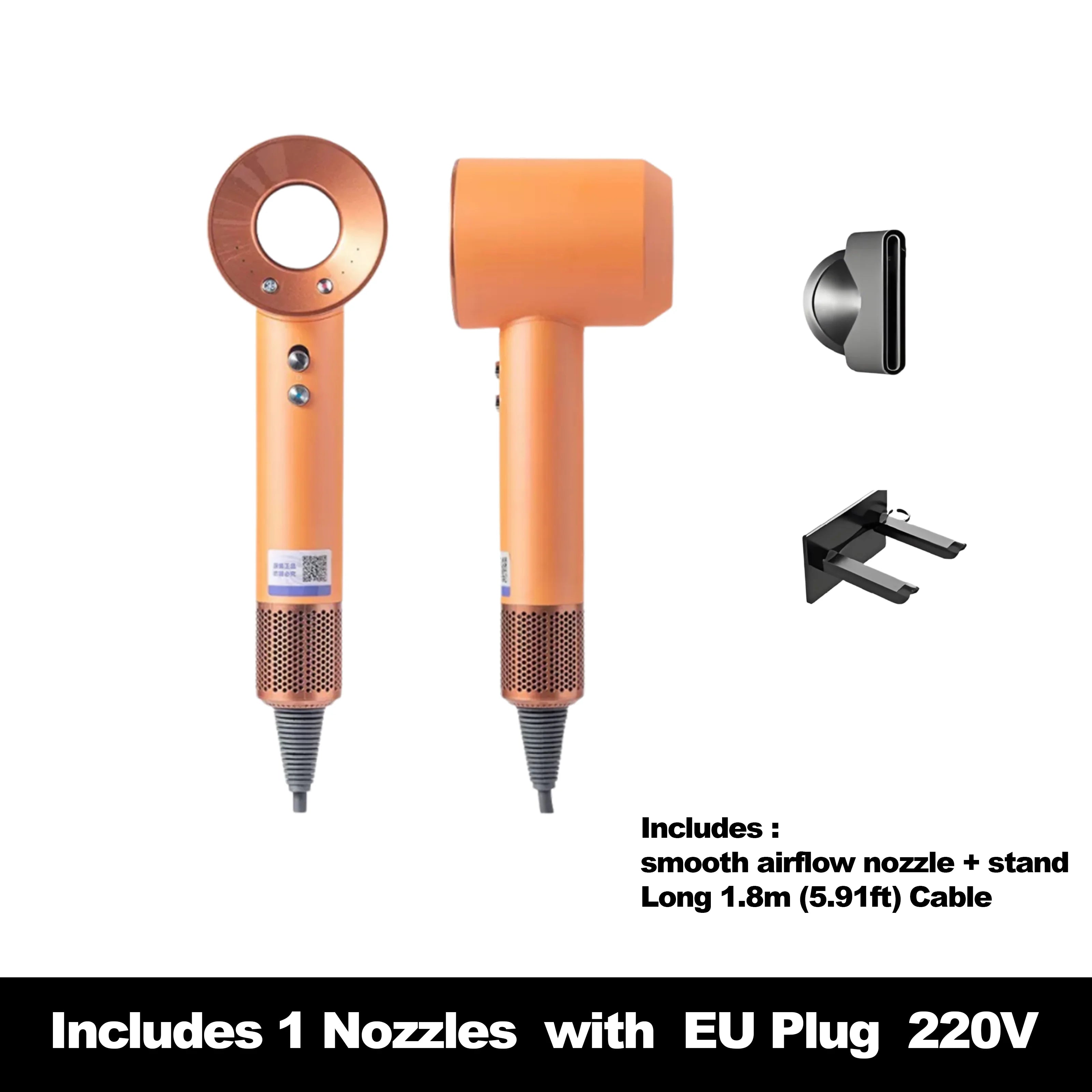 Orange high-speed ionic hair dryer with nozzle and wall stand, featuring collagen tech and constant heat settings.