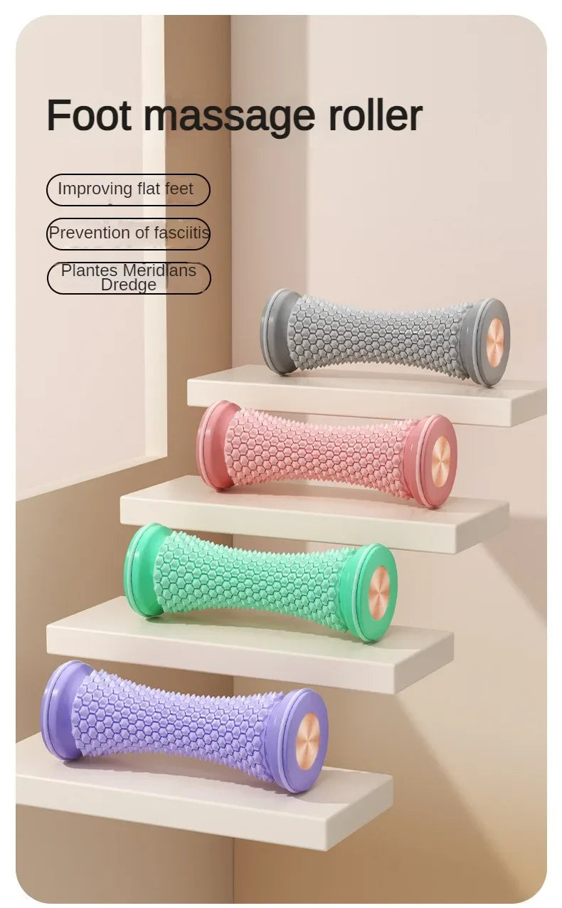 Manual plastic foot massage rollers in four colors for plantar fasciitis relief and muscle relaxation on display.