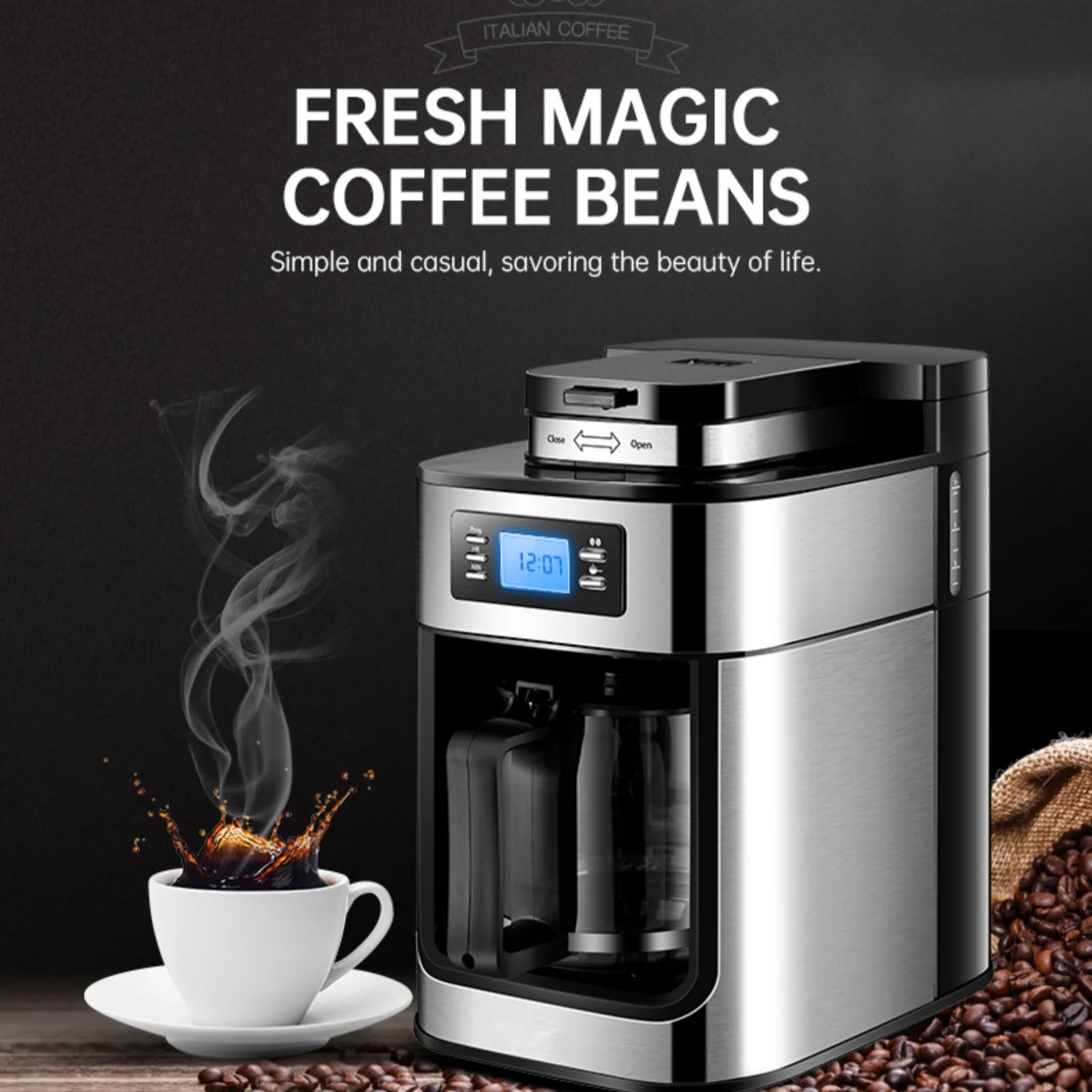 Stainless steel programmable drip coffee maker with digital display and glass carafe, surrounded by coffee beans.