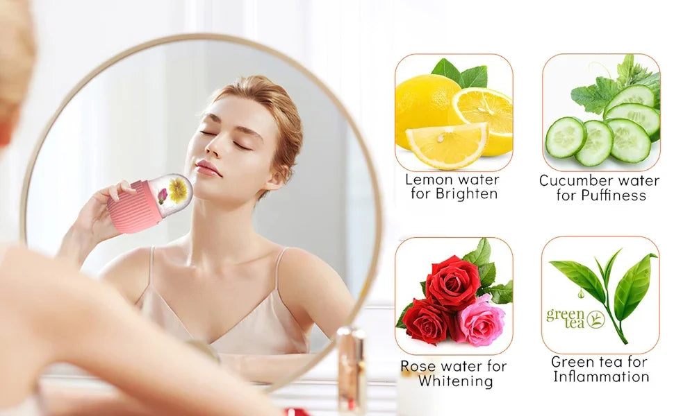 Pink silicone facial ice roller with flower infusion used by a woman to massage her neck.