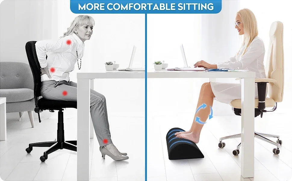Ergonomic black memory foam under-desk foot rest stool for improved office posture and fatigue relief.