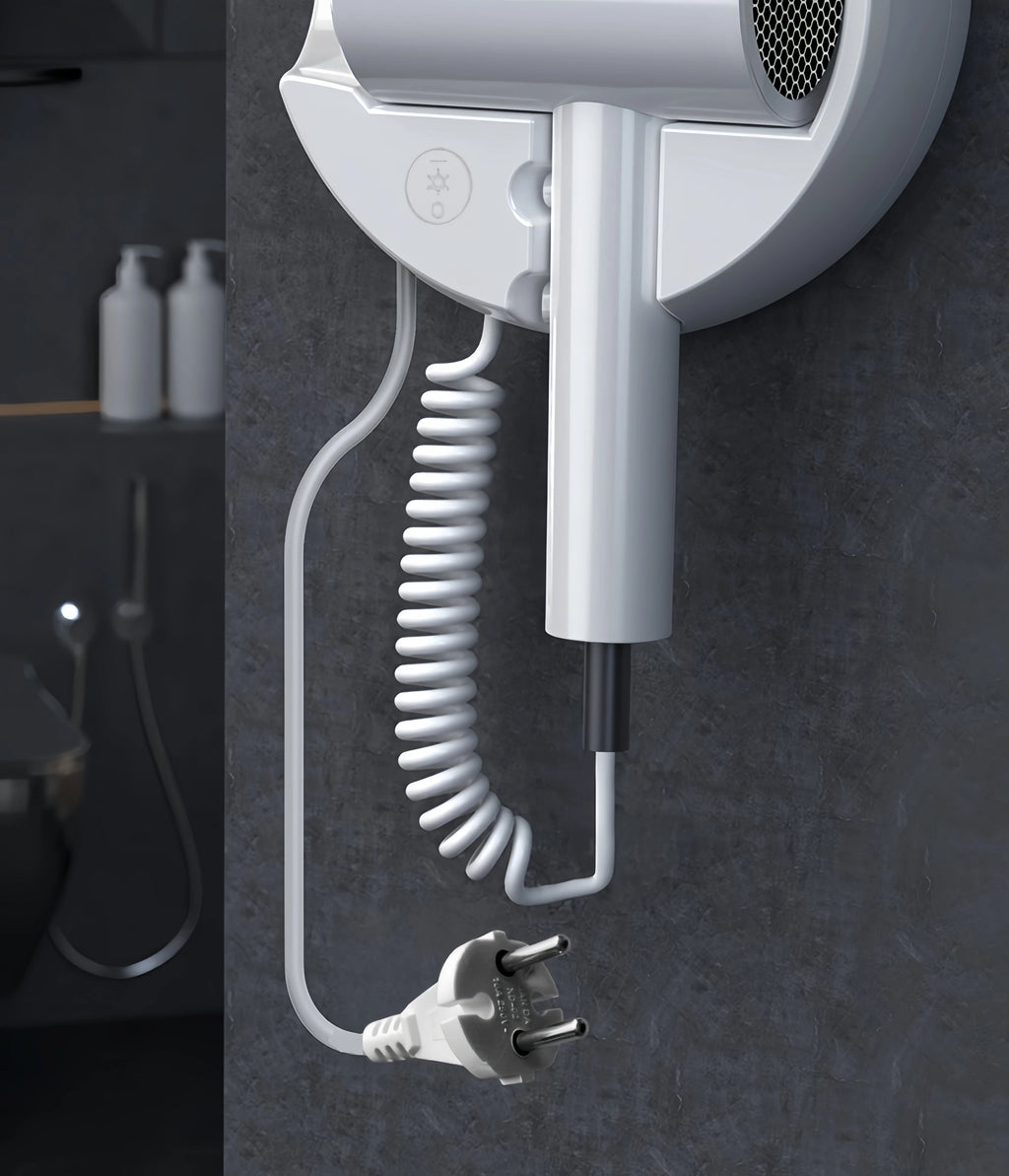 White wall-mounted 1800W hair dryer with coiled cord, European plug, and blue light technology for home or hotel use.