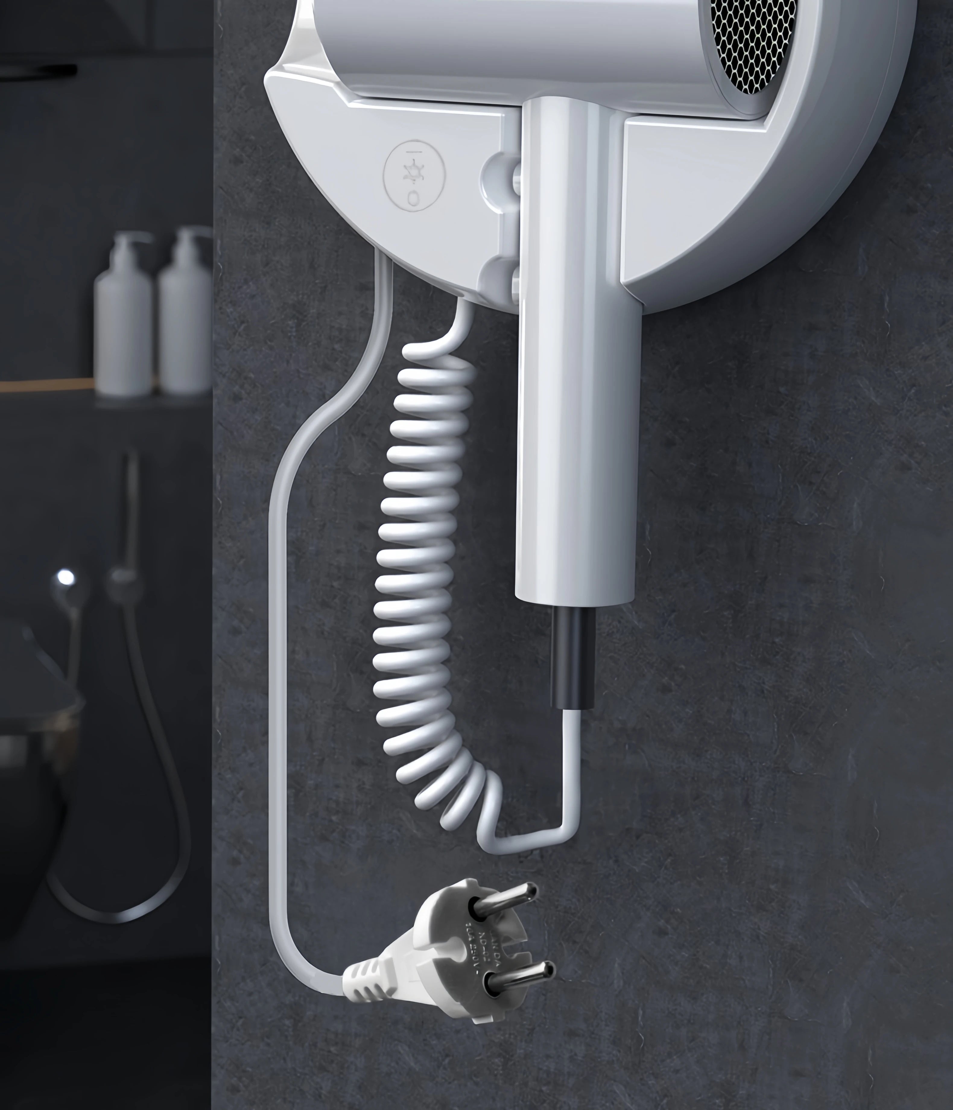 White wall-mounted 1800W hair dryer with coiled cord, European plug, and blue light technology for home or hotel use.