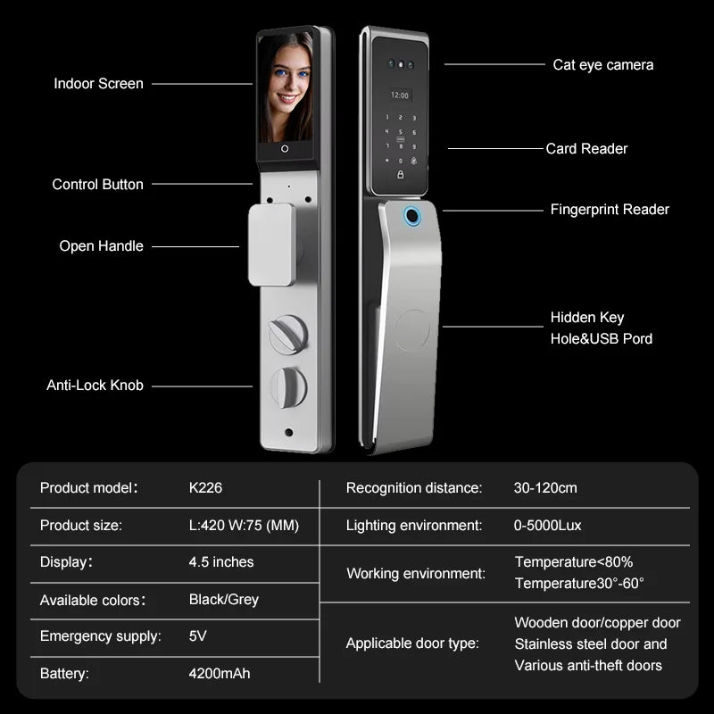 Waterproof  Smart Door Alexa Lock Israel 6590 Mortise Hebrew Tuya Smart Life APP Face Digital Door Lock With Camera