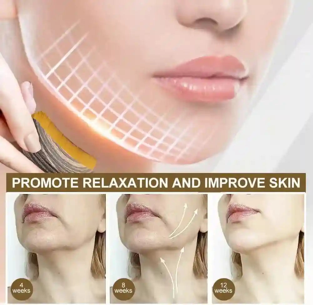 Hand using a wooden facial contouring brush with yellow bristles on a jawline, with a 12-week transformation graphic.