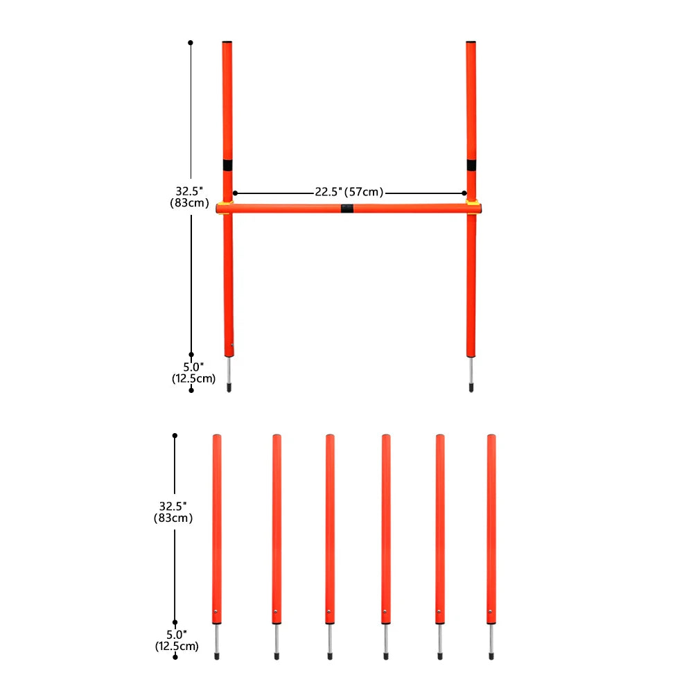 Portable orange dog agility jumping hurdle set for outdoor training, features adjustable heights and easy-stake design.