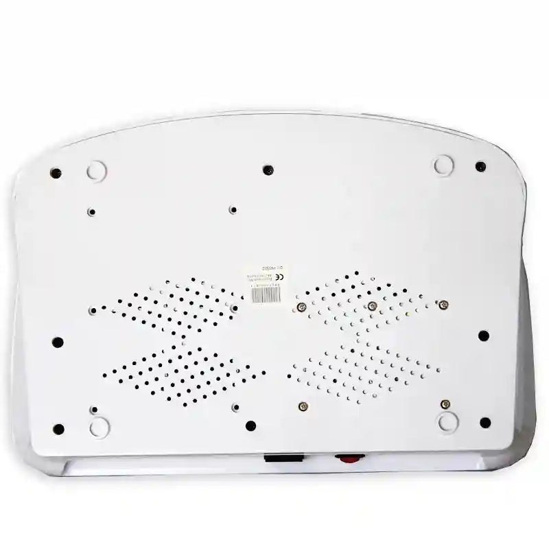 Bottom view of white dual ionic foot bath detox machine with ventilation holes and non-slip rubber feet.