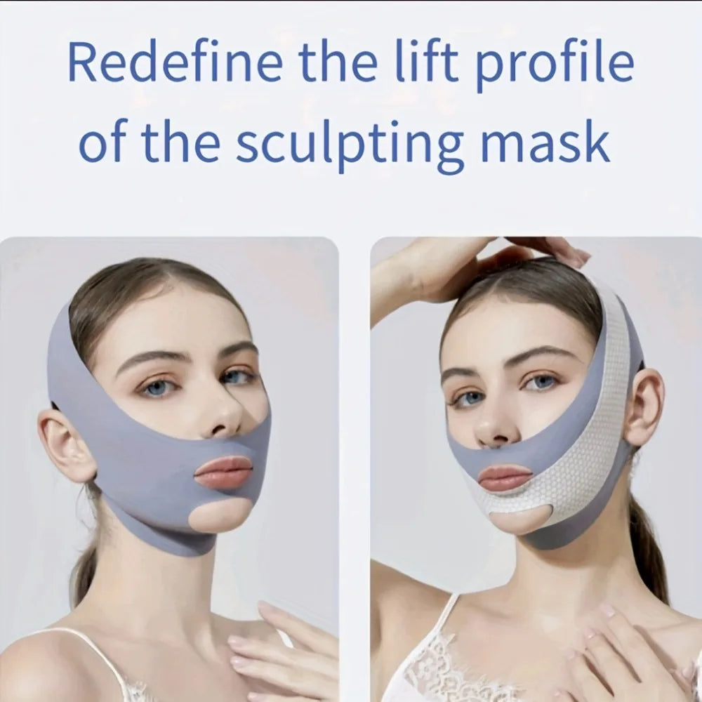 A woman wears a grey, breathable V-line face slimming bandage strap designed to lift the chin and jawline.