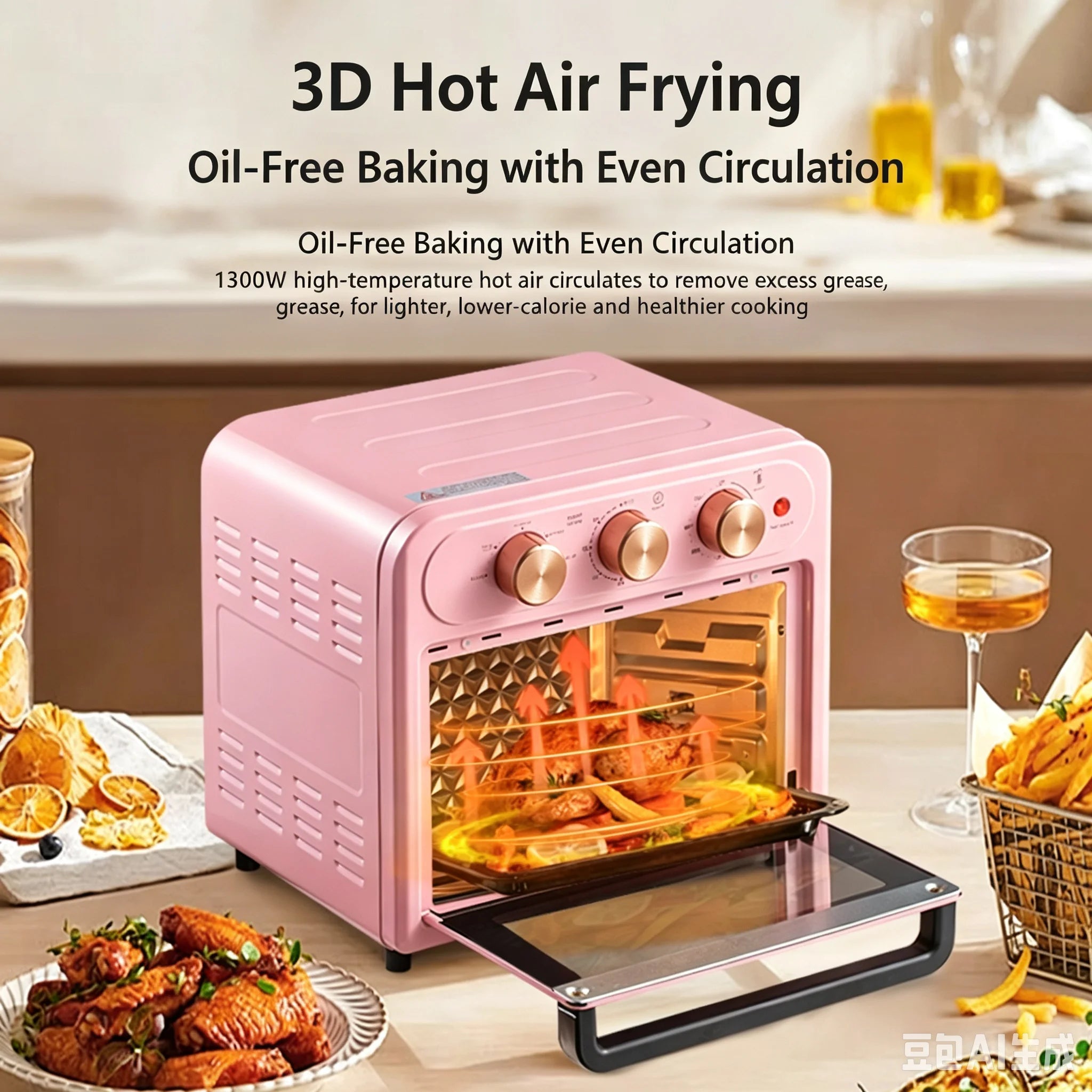15L Visible Air Fryer Oven Retro Pink Multifunctional Toaster Oven Oil-Free Baking Mini Electric Oven 15.85QT Countertop Oven