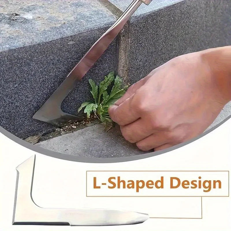 Stainless steel gap weeding tool, L-shaped multi-purpose garden hand tool, used for clearing weeds in yards, terraces, and lanes