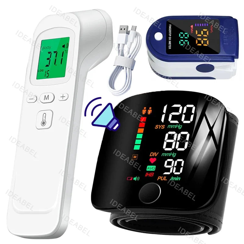 Wrist Blood Pressure Monitor LED Rechargeable English Voice Broadcast Tonometer BP Monitor Forehead Digital Thermometer
