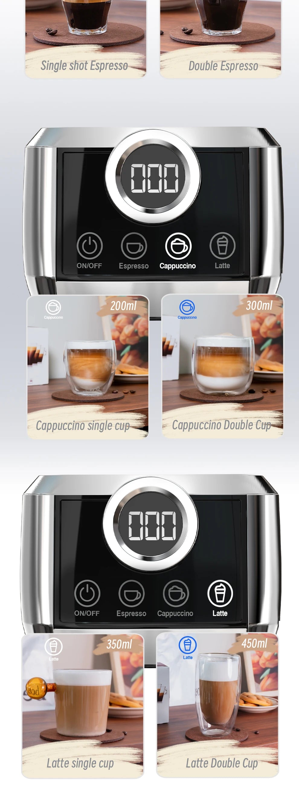 Silver stainless steel digital espresso, cappuccino, and latte coffee machine with adjustable volume settings.