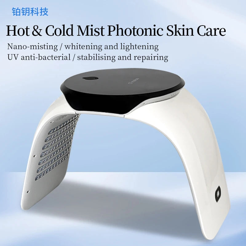 White and black arch-shaped photonic skincare device with interior light panels for facial treatment.