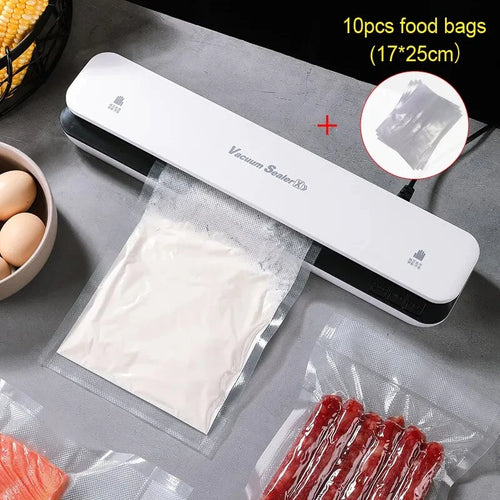 White vacuum sealing machine with sealed food bags, shown with eggs and meats