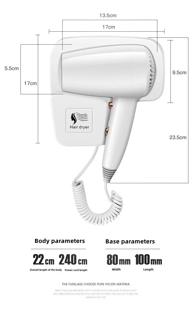 White wall-mounted bathroom hair dryer with blue light technology, coiled cord, and dimensions diagram.