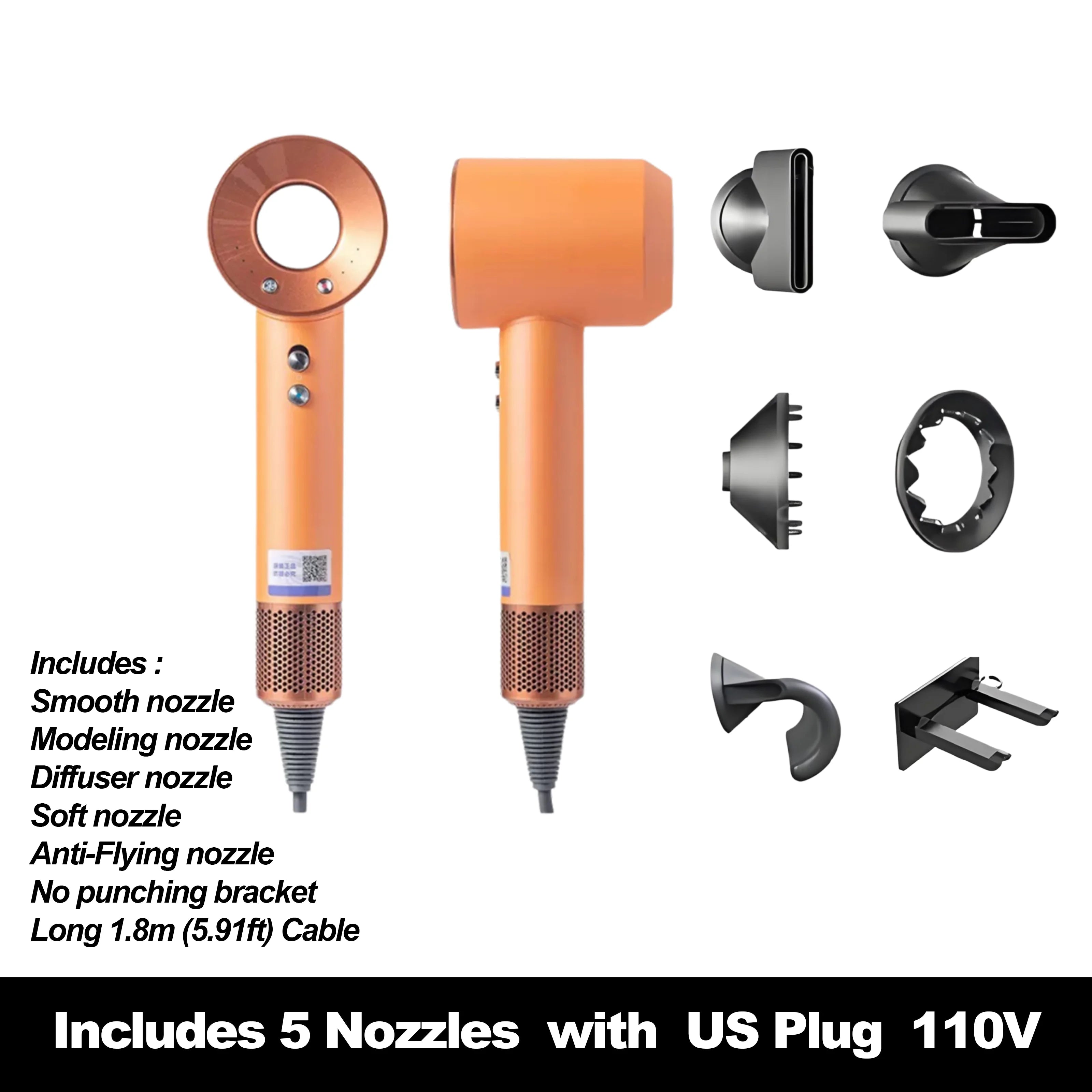 Orange high-speed ionic hair dryer set with 5 nozzles, diffuser, and wall bracket for professional salon styling.