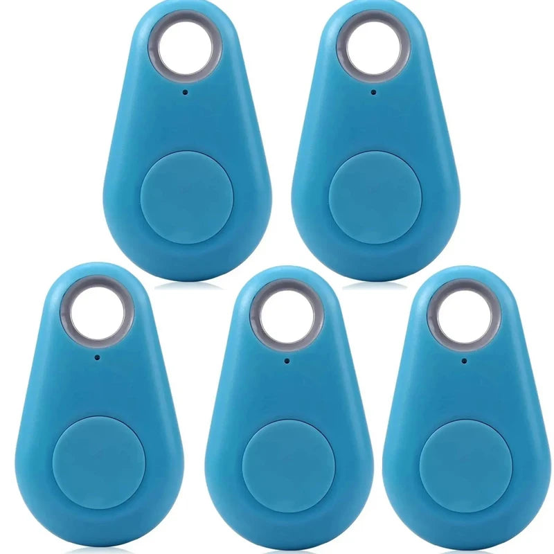 Five blue wireless Bluetooth GPS trackers for pets to prevent loss; mini smart tag key and bag finder.