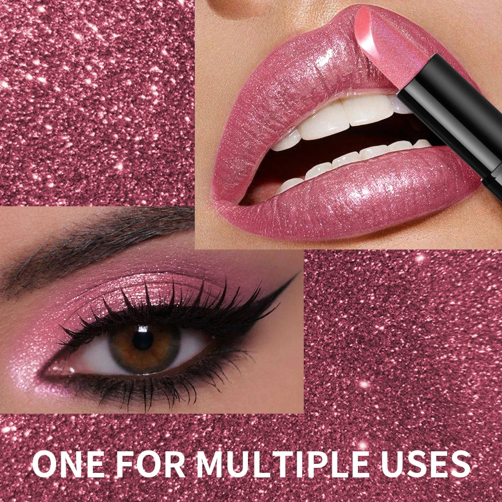 Pearly metallic pink lipstick with glitter shimmer, creamy texture, and high color payoff for party makeup looks.