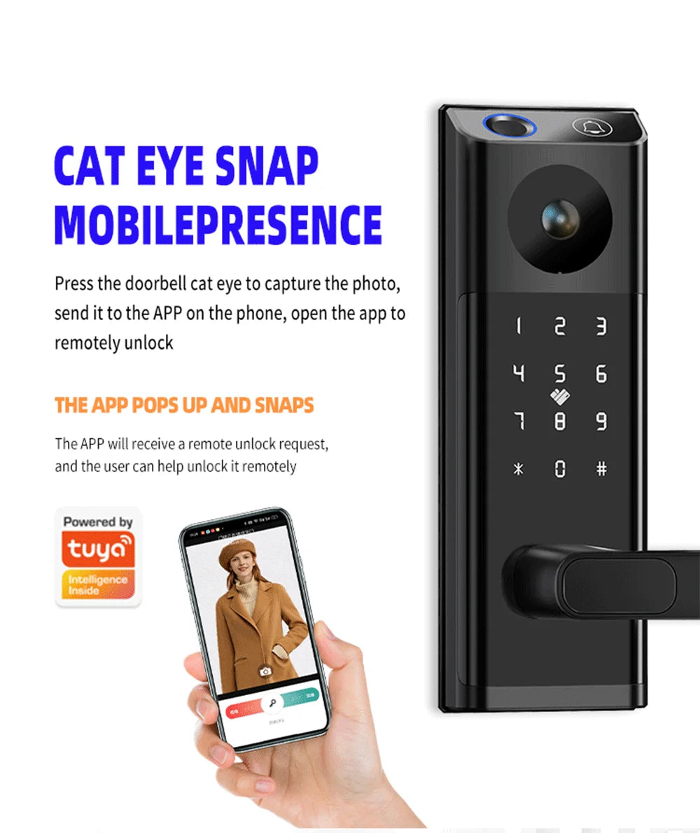 KUAX Tuya WiFi Fingerprint Key password Video electronic Cat Eye Smart lock With Camera Remote control Security Digital for home