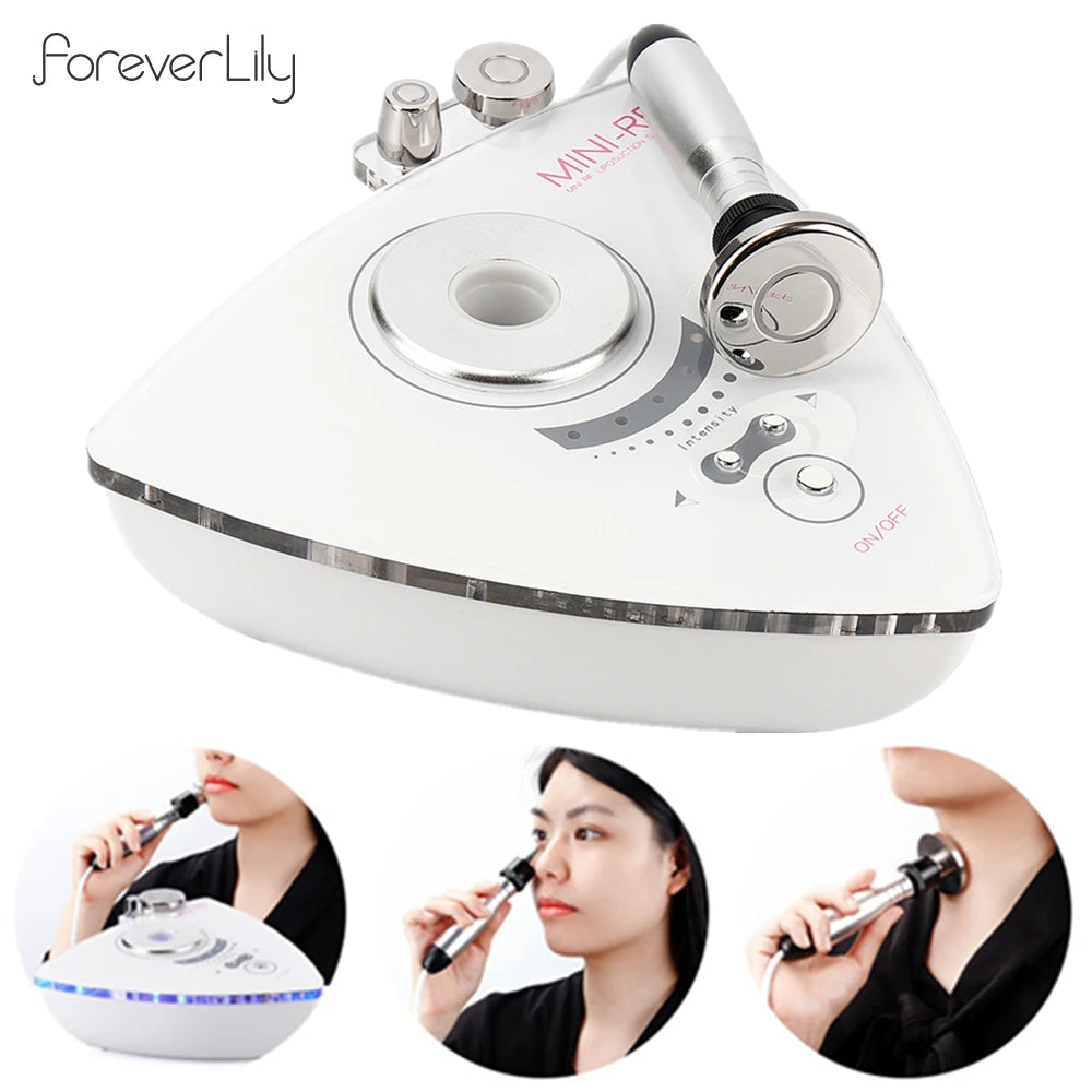 White triangular RF facial tightening device with metal probe and intensity settings for skin firming and rejuvenation.