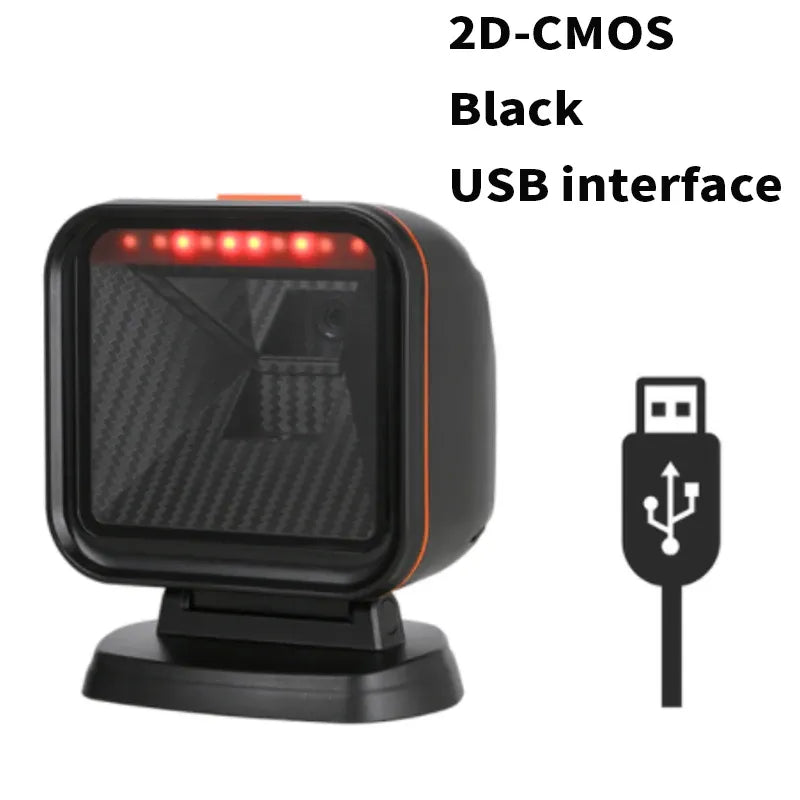 Black 2D desktop barcode scanner with USB interface cable