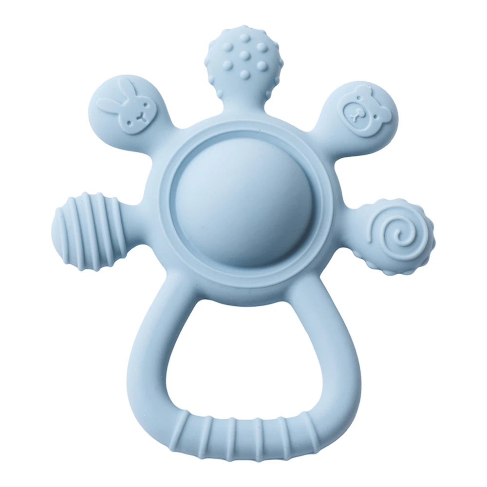 Light blue silicone teething toy for baby pain relief with textured surfaces.