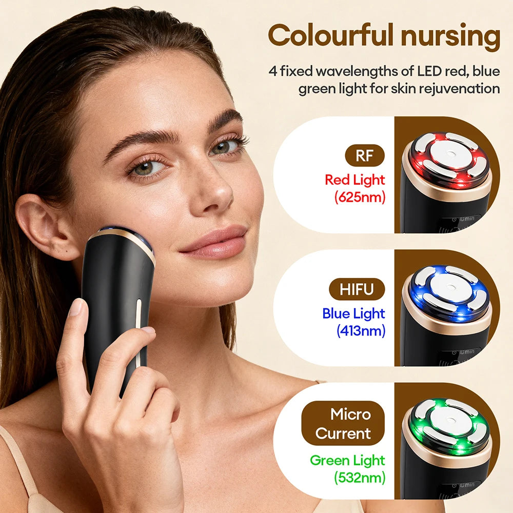 Woman using a black and gold handheld HIFU facial massager featuring LED red, blue, and green light therapy modes.