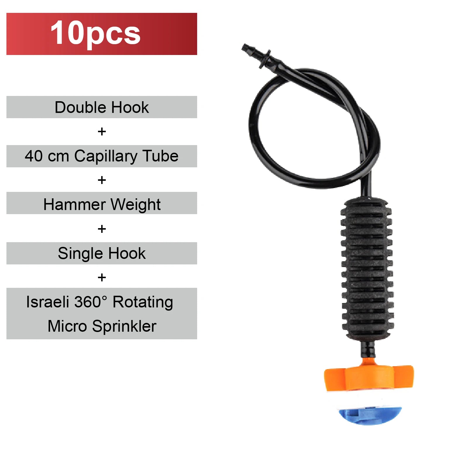 Misting nozzle kit with single hook, capillary tube, weight, and 360° rotating micro sprinkler