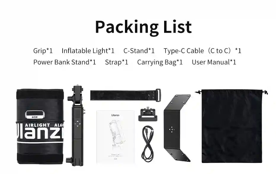 Packing list for inflatable LED light kit including hand grip, C-stand, power bank stand, strap, cables, and bag.