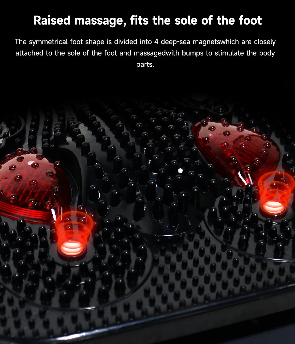4QUEENS foot massager with black textured bumps and red magnetic nodes for pain relief and circulation therapy.