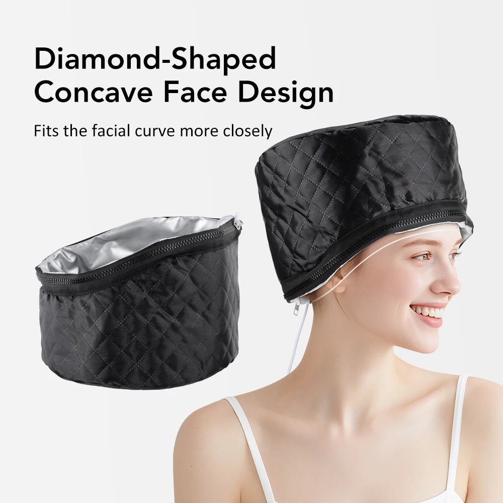Black diamond-quilted electric hair steamer cap with concave design for salon-quality deep conditioning at home.