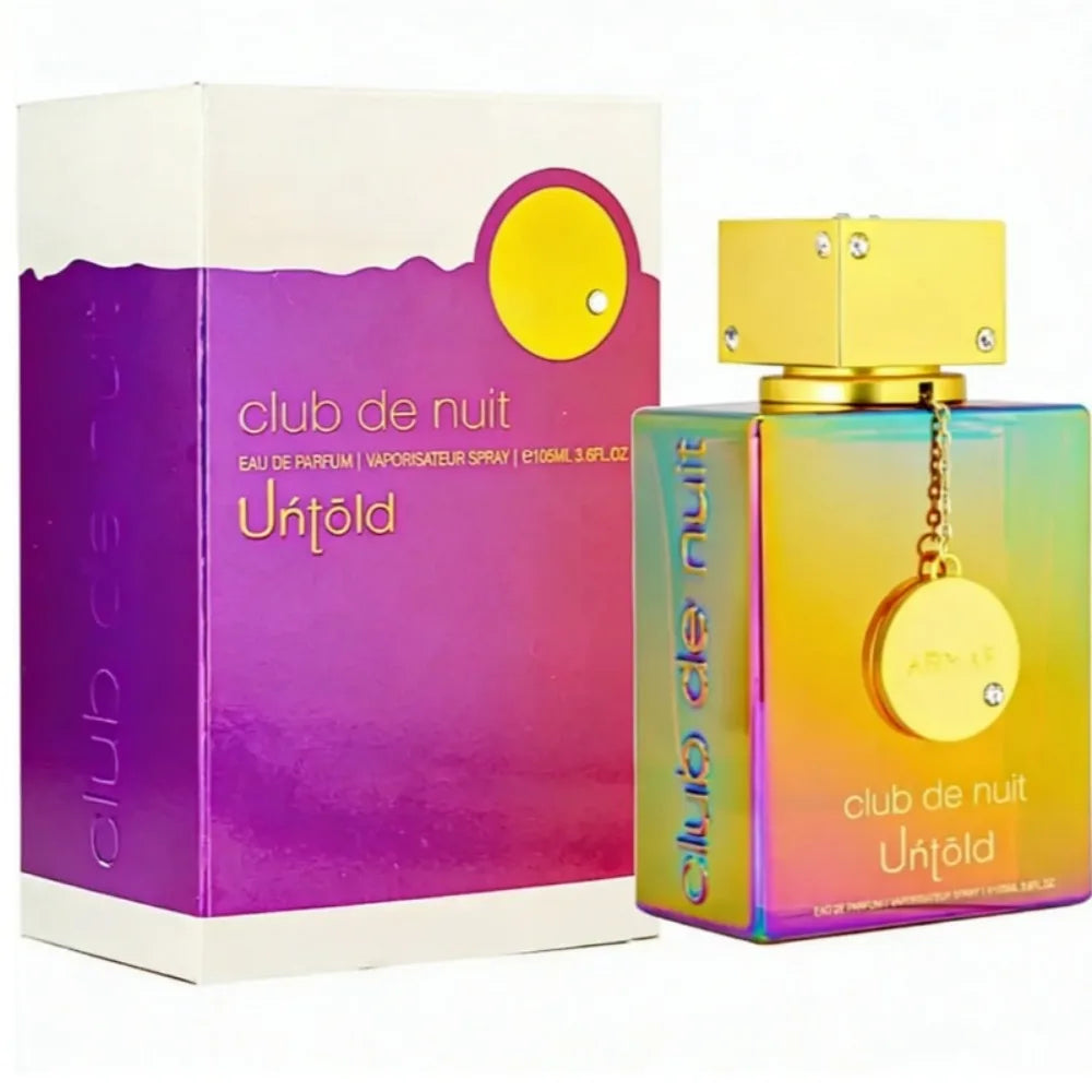 Armaf Club de Nuit Untold 105ml EDP: Iridescent square bottle, unisex seductive fragrance, long-lasting spray for men.