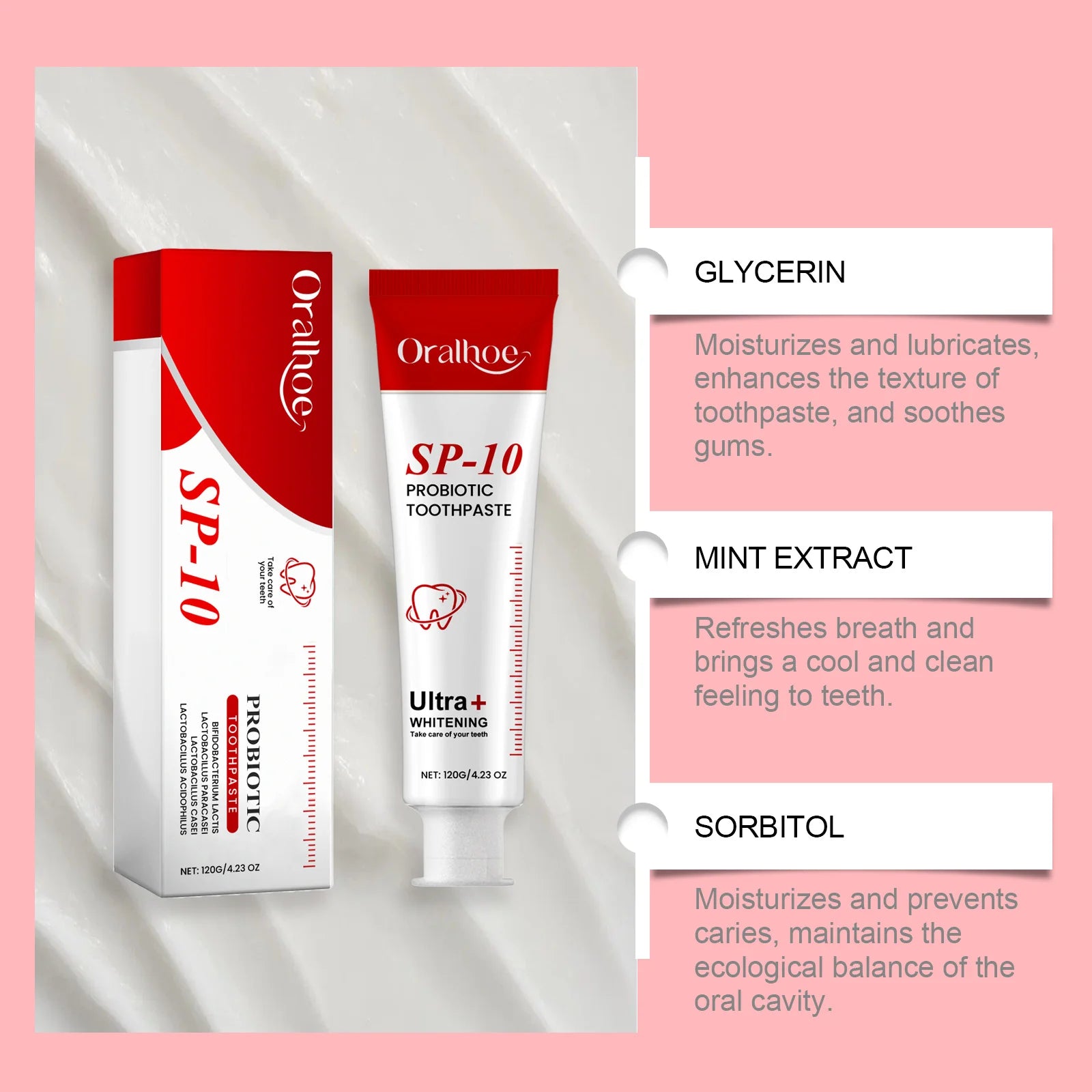 Tidesmit Sp10 probiotic toothpaste for teeth whitening, plaque removal, and healthy gum protection.