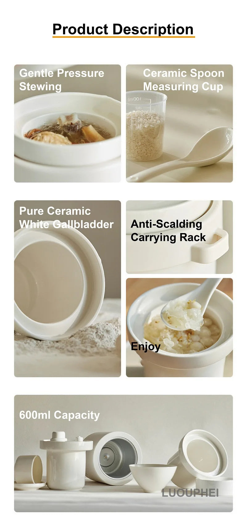 Smart white ceramic rice cooker set with spoon, measuring cup, and carrying rack.