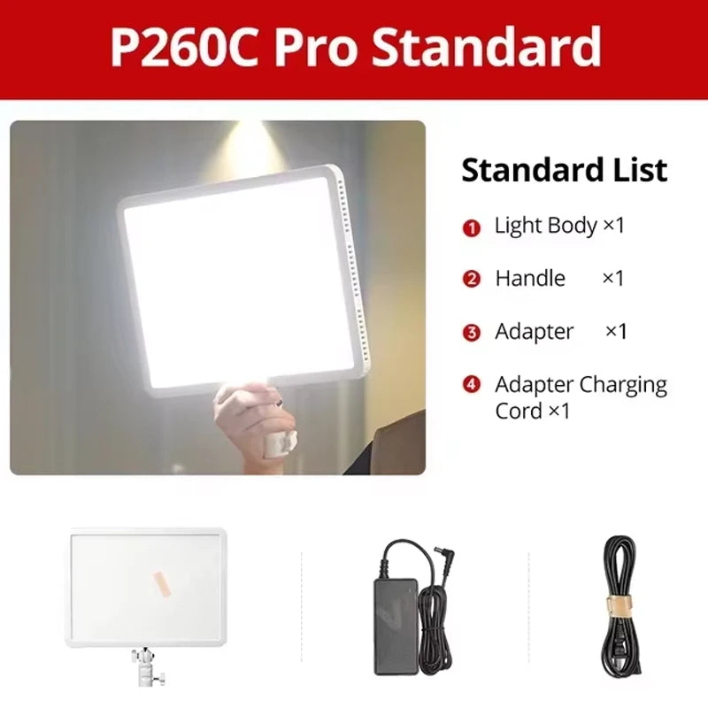 P260C Pro Standard rectangular LED light panel with handle, power adapter, and cord for photography or video lighting.