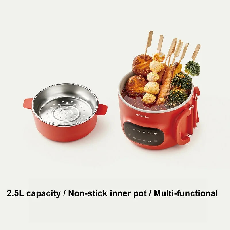 Red electric cooking pot with non-stick inner pot and control panel