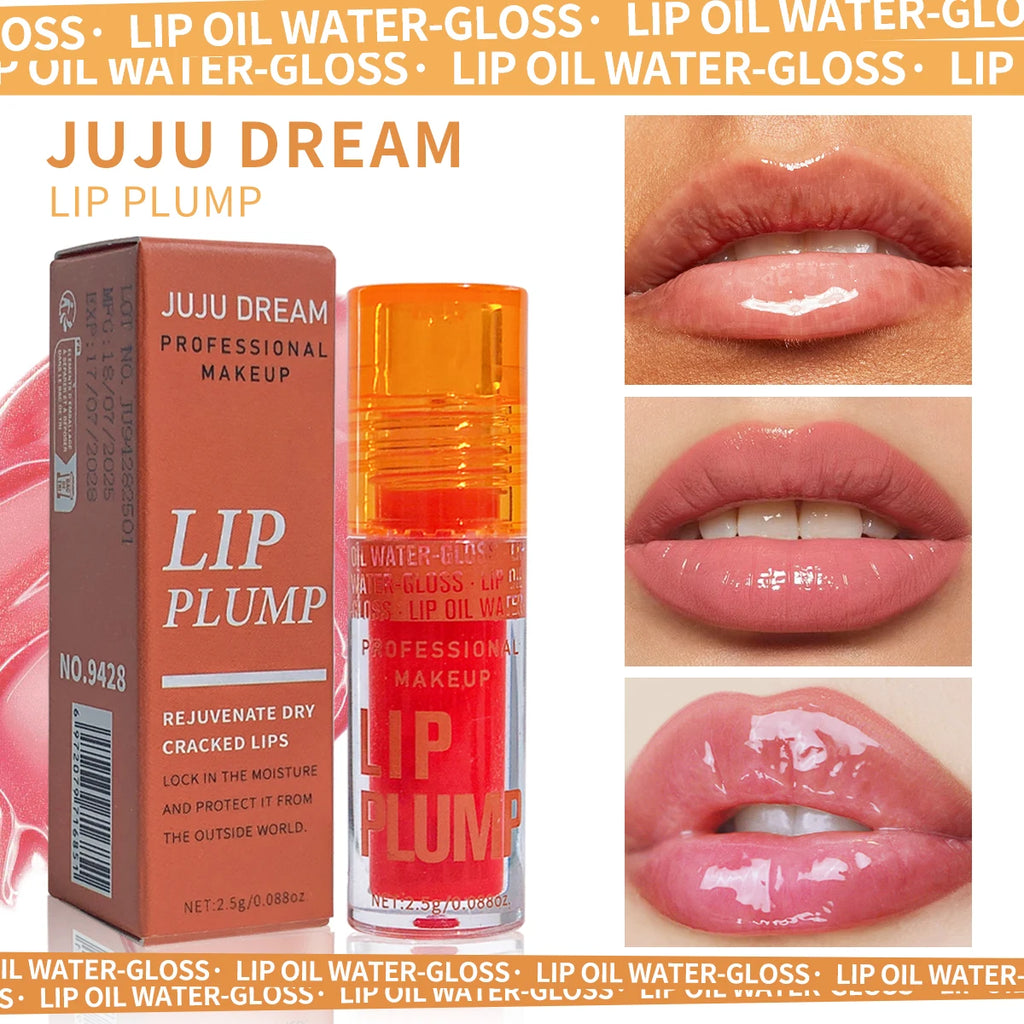 3-piece moisturizing lip oil plump set featuring hydrating pink gloss, clear liquid balm, and shiny lip makeup finish.