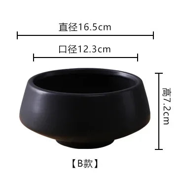 Ceramic flower pot planter, dark black round bowl shape with wide rim (size diagram)