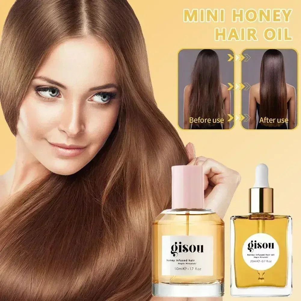 Gisou honey-infused hair oil set in glass bottles with dropper, promoting shiny, smooth hair before and after use.