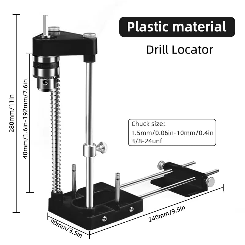Black plastic drill locator jig with vertical guide columns and measuring ruler