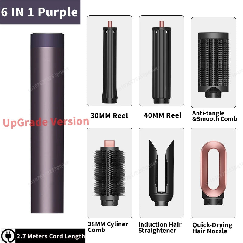 6-in-1 purple auto curling hair styler with curling barrels, smoothing brush, straightener, and drying nozzle.