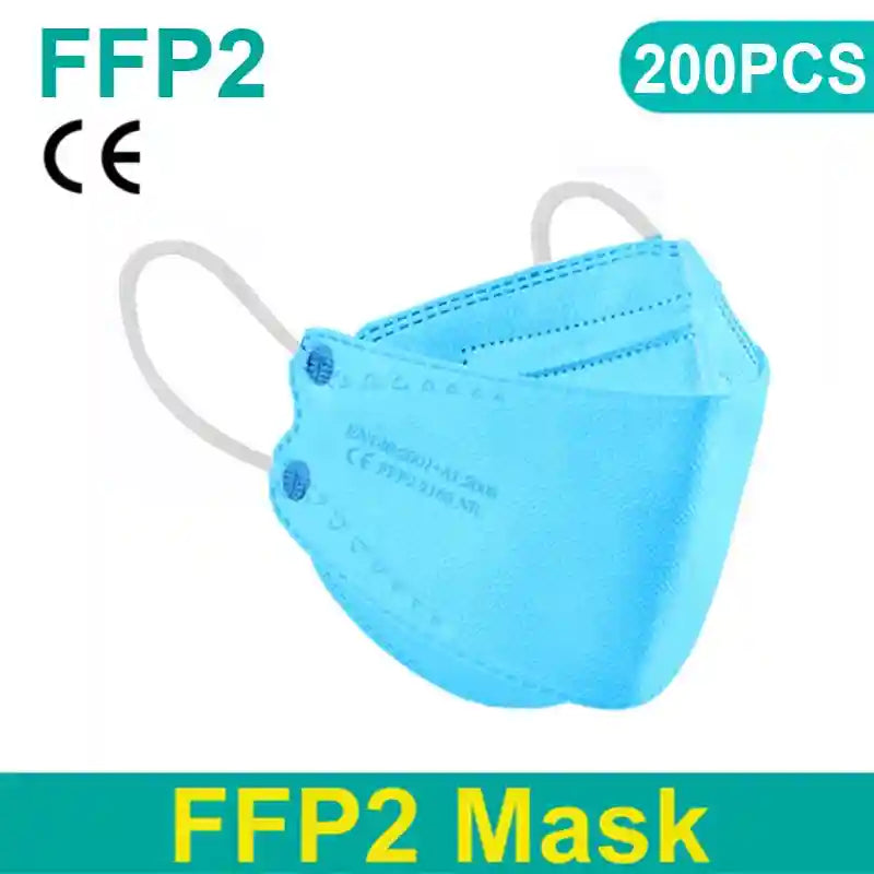 Blue 4-layer FFP2 KN95 respirator mask with textured fabric, soft white ear loops, and CE certification imprint.