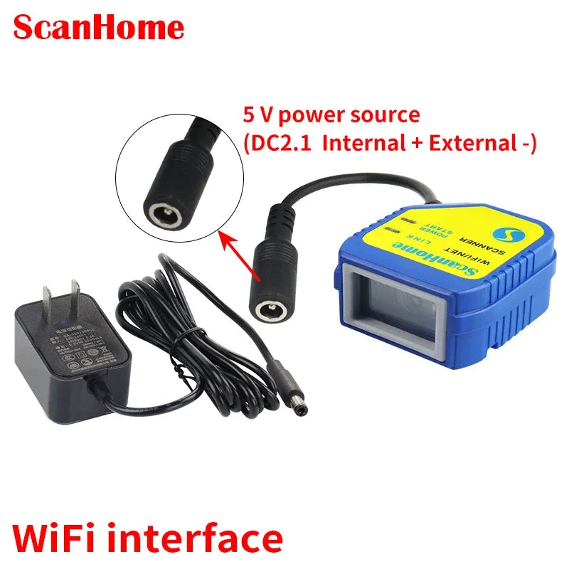 Blue barcode scanner module with WiFi interface power adapter and black cables