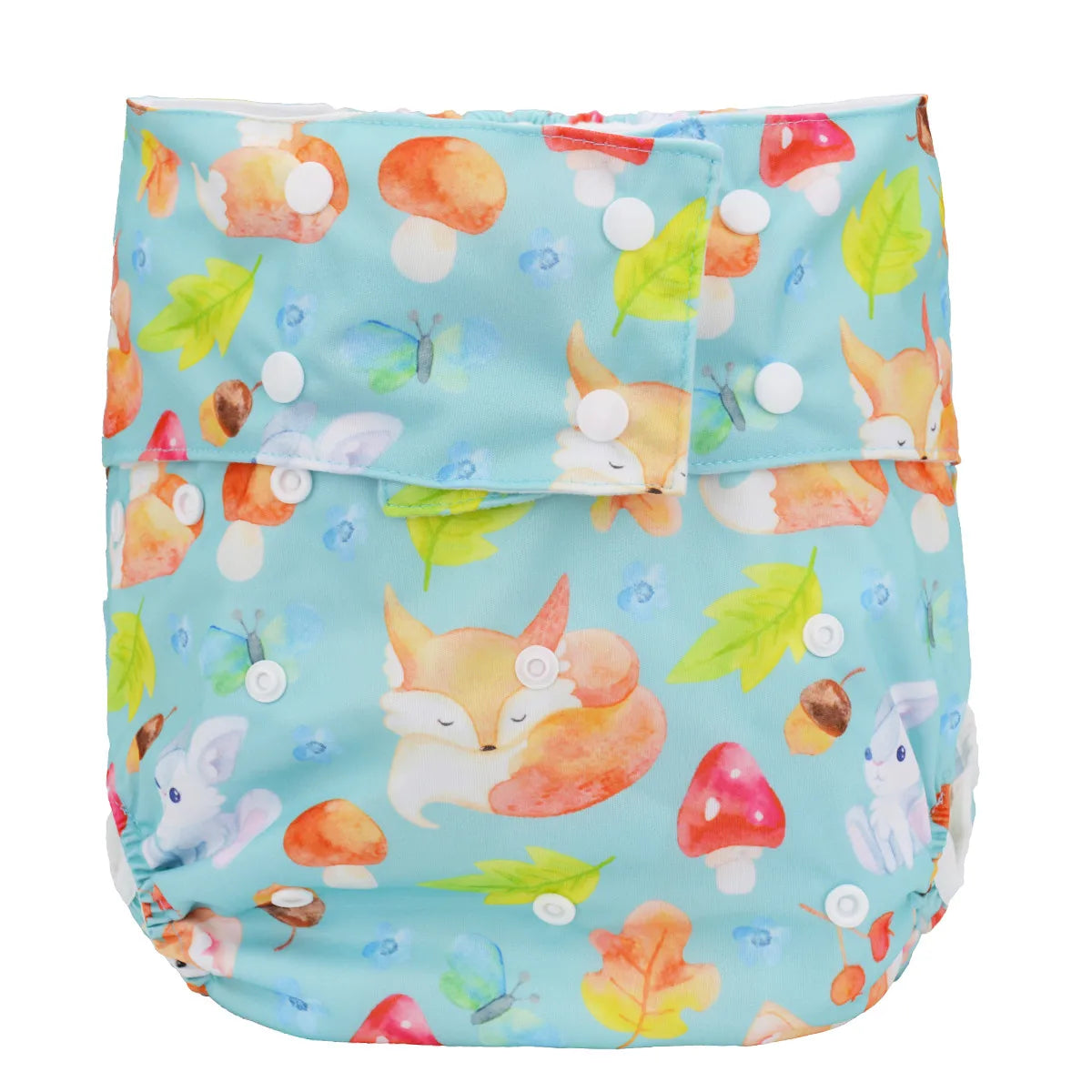 Reusable cloth baby diaper with cute watercolor fox, mushroom, and woodland animal print on a blue background.