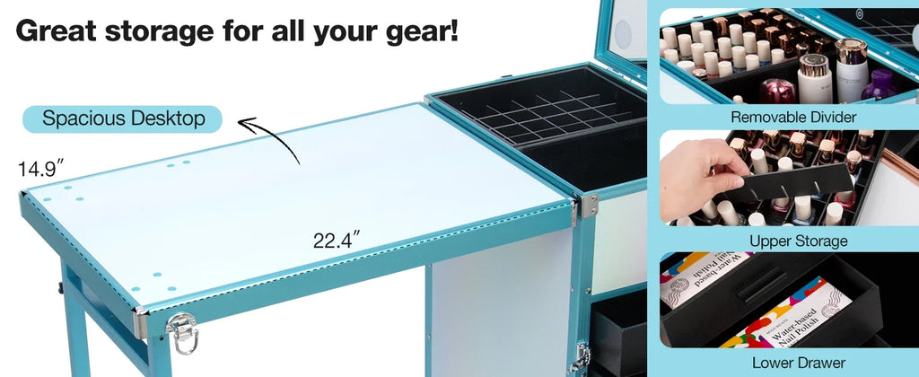 Rolling Manicure Table | Foldable Makeup Train Case - Tidesmit Massage Chairs Tidesmit